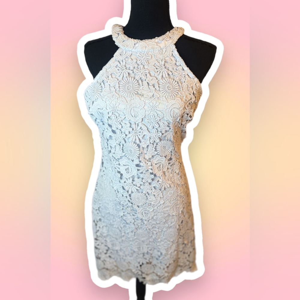 Elegant Light Blue Lace Halter Dress